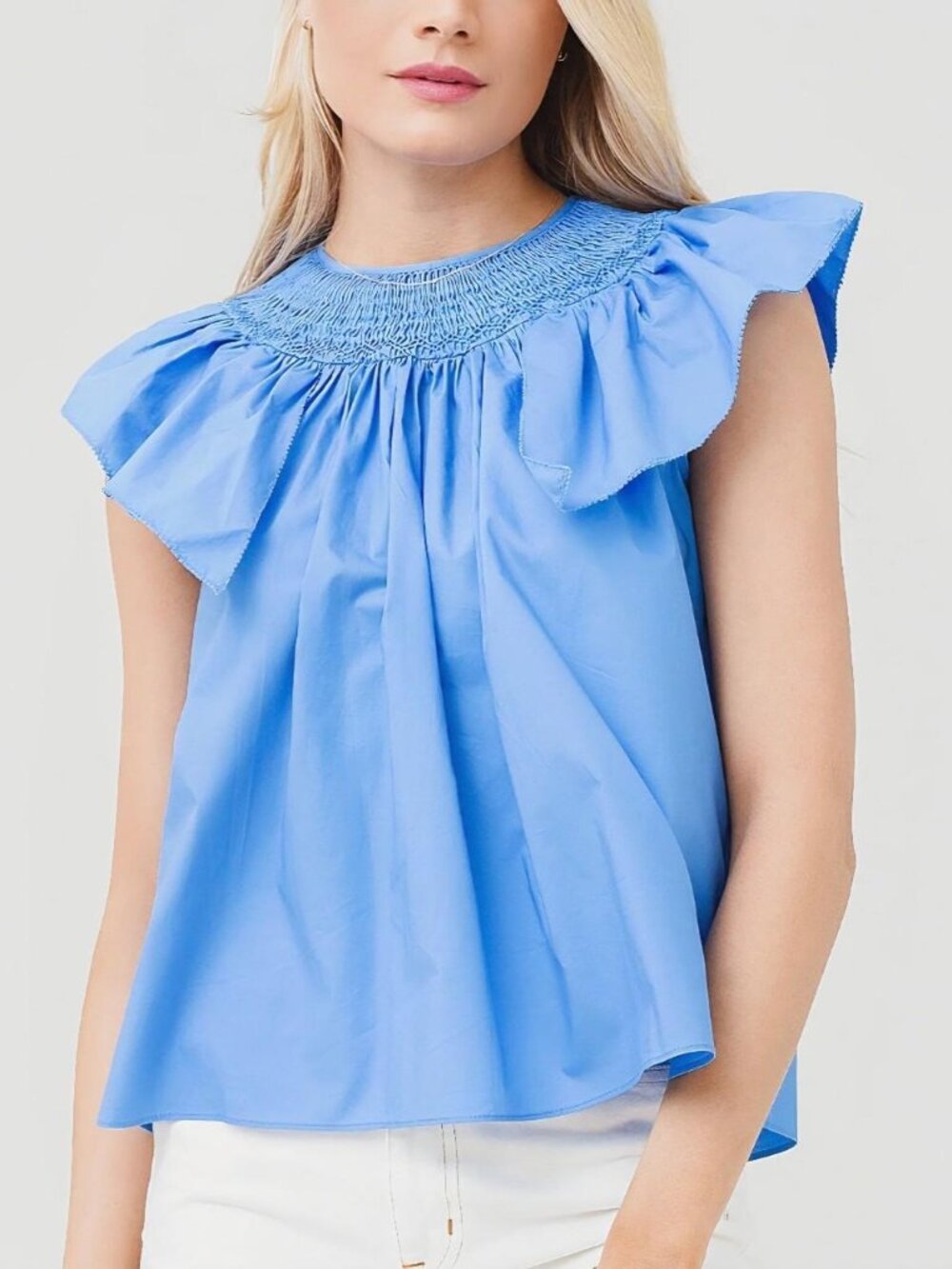 HUNTER BELL Kinser Top Blouse Size M Smocked Flutter Sleeve Lake Blue
